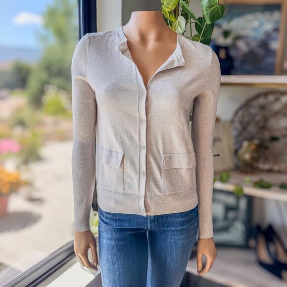Banana Republic Womens Small Ultra Soft Ribbed Pocket Crew Neck Cardigan-Oatmeal - Picture 1 of 8